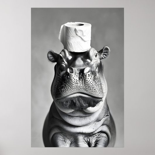 Funny Hippo Bathroom Art Print, Toilet Paper Hat ポスター (正面)