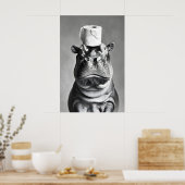 Funny Hippo Bathroom Art Print, Toilet Paper Hat ポスター (キッチン)