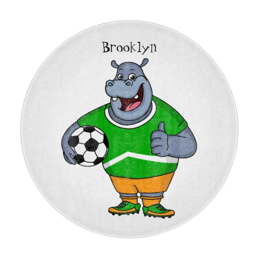 Funny hippo soccer player cartoon illustration カッティングボード (正面)