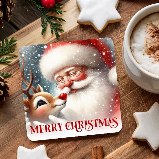 Funny Holiday Paper Coasters Santa and Rudolph スクエアペーパーコースター
