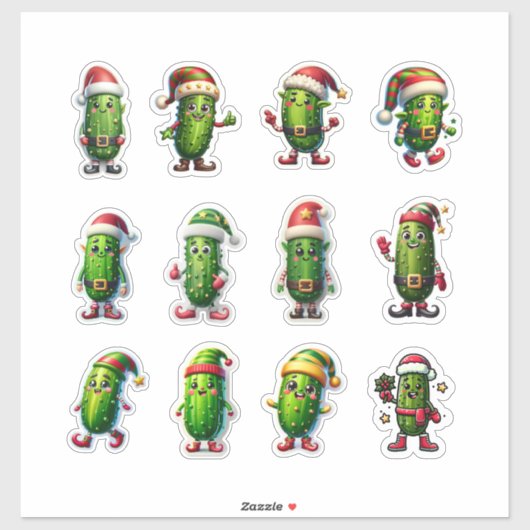 Funny Holiday Pickles in Santa Hats シール (シート)