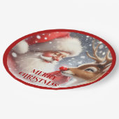 Funny Holiday Plates Santa and Red Nose Rudolph ペーパープレート (アングル)