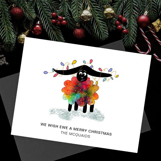 Funny Holiday Sheep with Christmas Lights Card シーズンカード