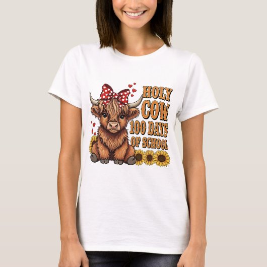 Funny Holy Cow 100 Days of School Western Boho Tea Tシャツ (正面)