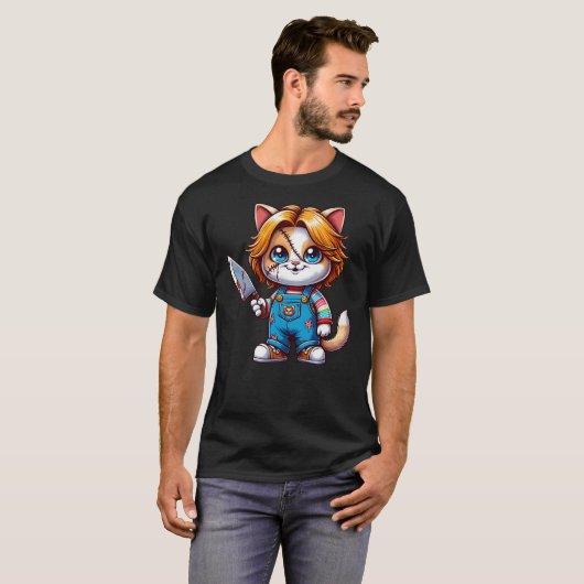 Funny Horror Halloween Chuckie Cat Tシャツ (正面フル)