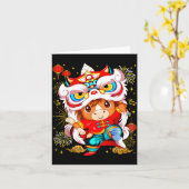 Funny Horse Lion Dance Chinese New Year Kid Men  カード (黄色い花)