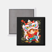 Funny Horse Lion Dance Chinese New Year Kid Men マグネット (正面/裏面)
