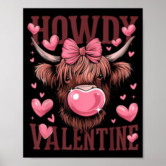Funny Howdy Valentine Highland Cow Valentine’s Day ポスター (正面)
