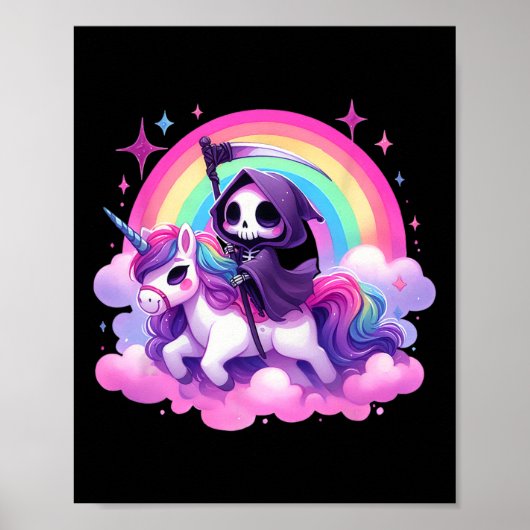 Funny Humor Rainbow Gothic Grim Reaper Riding Unic ポスター (正面)