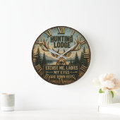 Funny Hunting Lodge Rustic Deer Hunter Decor ラージ壁時計 (ホーム)