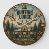 Funny Hunting Lodge Rustic Deer Hunter Decor ラージ壁時計 (正面)
