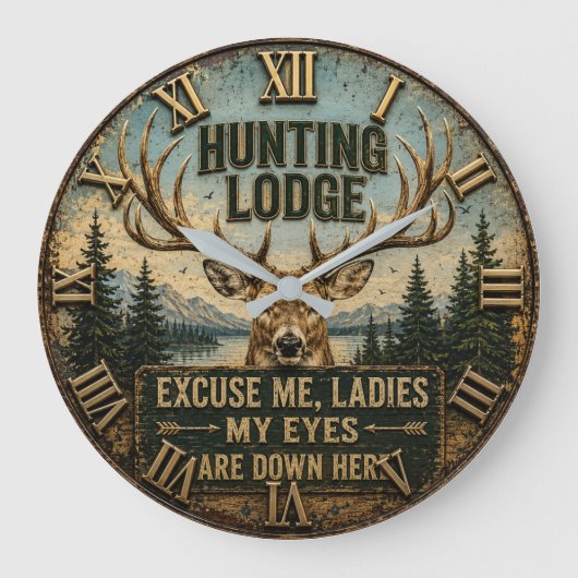 Funny Hunting Lodge Rustic Deer Hunter Decor ラージ壁時計 (正面)