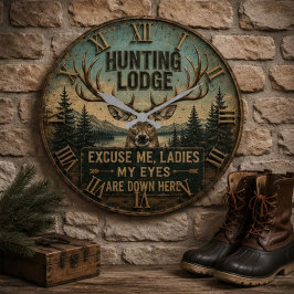Funny Hunting Lodge Rustic Deer Hunter Decor ラージ壁時計