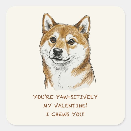 Funny "I Chews You" Shiba Inu Valentine's Day Art スクエアシール (正面)
