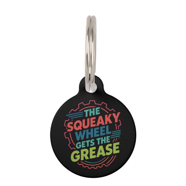 Funny Idiom Retro Squeaky Wheel Gets  the Grease ペット　ネームタグ (正面)
