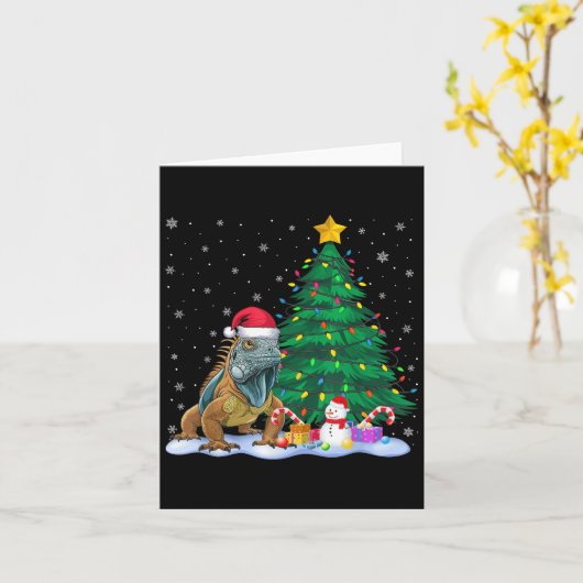 Funny Iguana Xmas Tree Lights Reindeer Hat Christm カード (黄色い花)