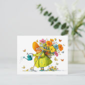 Funny illustration of grandma gardening flowers シーズンポストカード (スタンド正面)