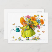 Funny illustration of grandma gardening flowers シーズンポストカード (正面/裏面)