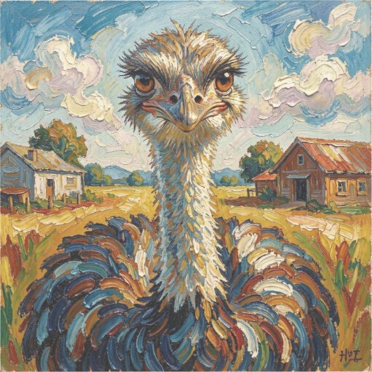 Funny Impasto Ostrich on a Ranch シール (正面)