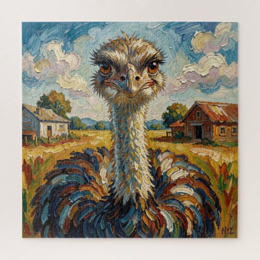 Funny Impasto Ostrich on a Ranch ジグソーパズル (縦)