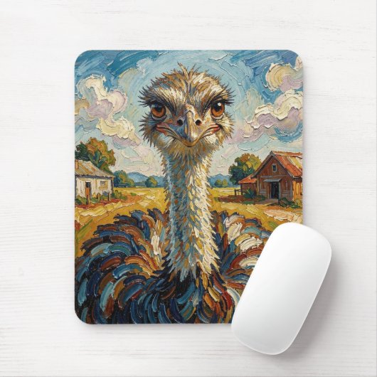 Funny Impasto Ostrich on a Ranch マウスパッド (マウス)