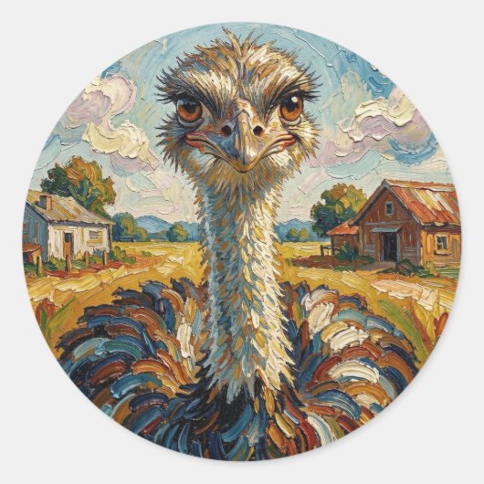 Funny Impasto Ostrich on a Ranch  ラウンドシール (正面)