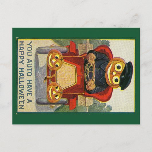 Funny jack-o-lantern in a car Halloween postcard シーズンポストカード (正面)