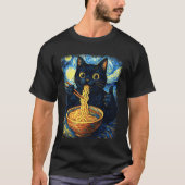 Funny Japanese Black Kawaii Cat Kitten Eating Rame Tシャツ (正面)