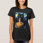 Funny Japanese Black Kawaii Cat Kitten Eating Rame Tシャツ (正面)