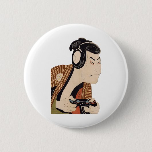 Funny Japanese Gamer Samurai Ukiyo-e Art 缶バッジ (正面)