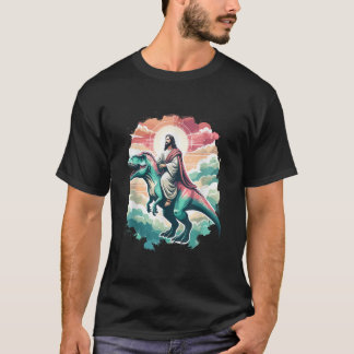 Funny Jesus Riding T Rex Dinosaur Meme Parody for  Tシャツ