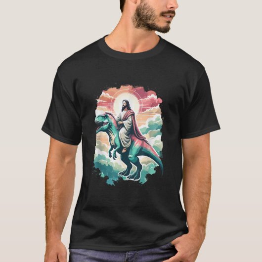 Funny Jesus Riding T Rex Dinosaur Meme Parody for  Tシャツ (正面)