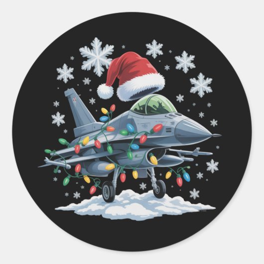 Funny Jet Fighter Military Christmas Holiday Xmas ラウンドシール (正面)
