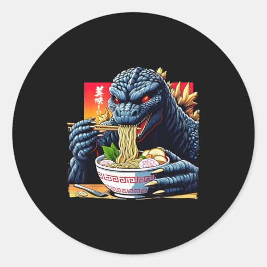 Funny Kaiju Eating Ramen Japanese Monster Lover Bi ラウンドシール (正面)