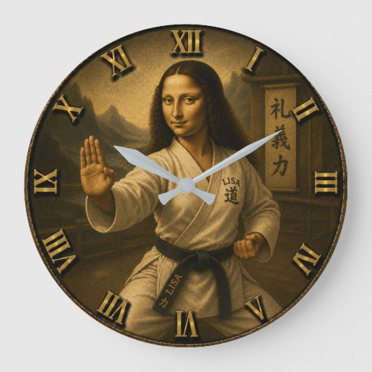 Funny Karate Mona Lisa Martial Arts Sensei gift ラージ壁時計 (正面)