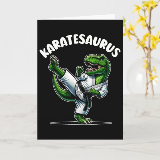 Funny Karatesaurus Dinosaur T Rex In Karate Gi Bla カード (黄色い花)