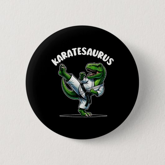 Funny Karatesaurus Dinosaur T Rex In Karate Gi Bla 缶バッジ (正面)