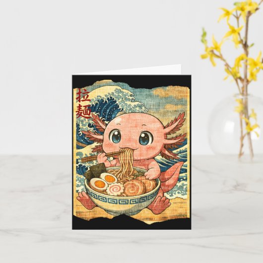 Funny Kawaii Axolotl Ramen Noodle Bowl Japanese Wa カード (黄色い花)
