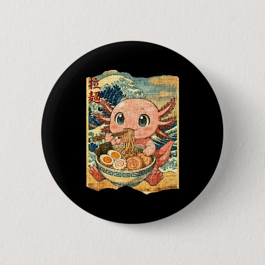 Funny Kawaii Axolotl Ramen Noodle Bowl Japanese Wa 缶バッジ (正面)