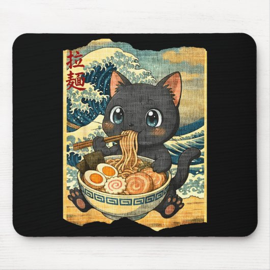 Funny Kawaii Black Cat Ramen Noodle Bowl Japanese マウスパッド (正面)