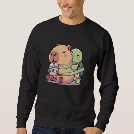 Funny Kawaii Capybara Turtle Boba Tea Cute Men Wom スウェットシャツ (正面)