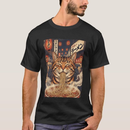 Funny Kawaii Cat Eating Ramen Japanese Anime Stree Tシャツ (正面)