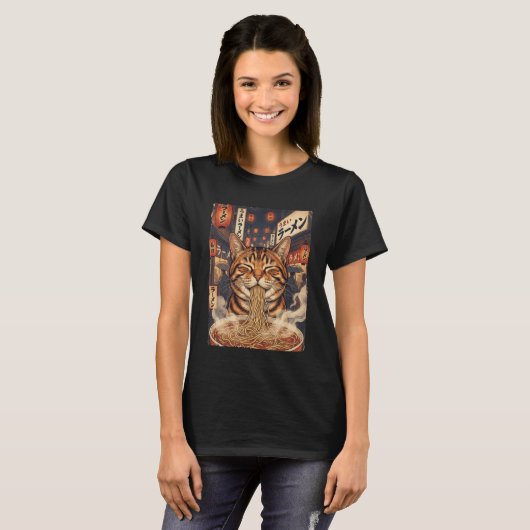 Funny Kawaii Cat Eating Ramen Japanese Anime Stree Tシャツ (正面フル)
