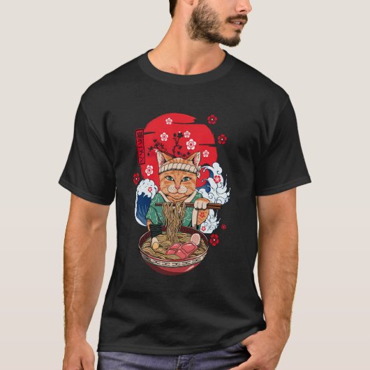 Funny Kawaii Cat Eating Ramen Noodles Anime Gift W Tシャツ (正面)