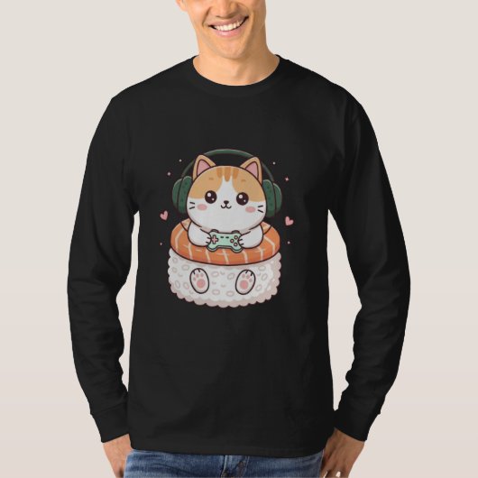 Funny Kawaii Cat Gamer Sushi Cute Anime Men Boys K Tシャツ (正面)