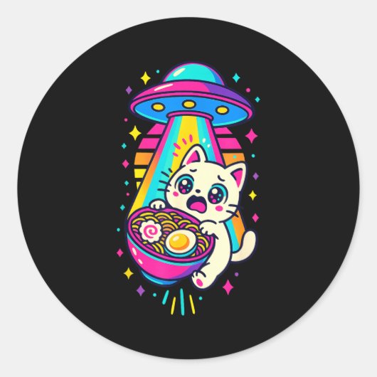 Funny Kawaii Cat Ramen Ufo Japanese Anime Women Gi ラウンドシール (正面)
