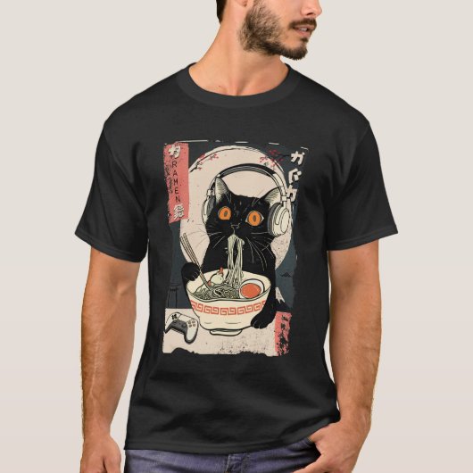 Funny Kawaii Gamer Cat Retro Japanese Cat Ramen Ga Tシャツ (正面)