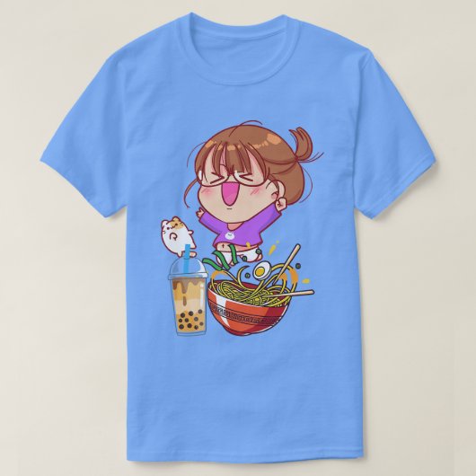 Funny Kawaii Girl Cat Eating Ramen And Boba Milk T Tシャツ (デザイン正面)