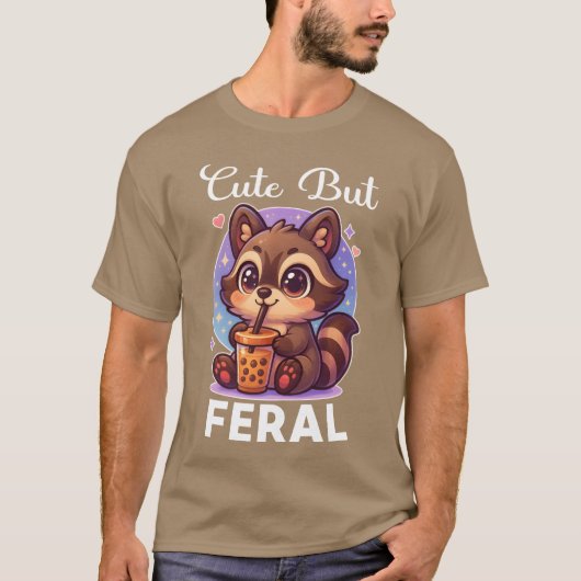 Funny Kawaii Raccoon Drinking Boba Cute But Feral  Tシャツ (正面)