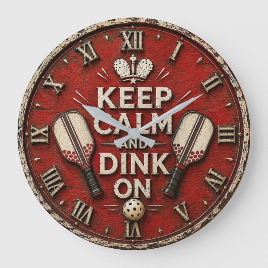 Funny Keep Calm and Dink On | Rustic Pickleball ラージ壁時計 (正面)